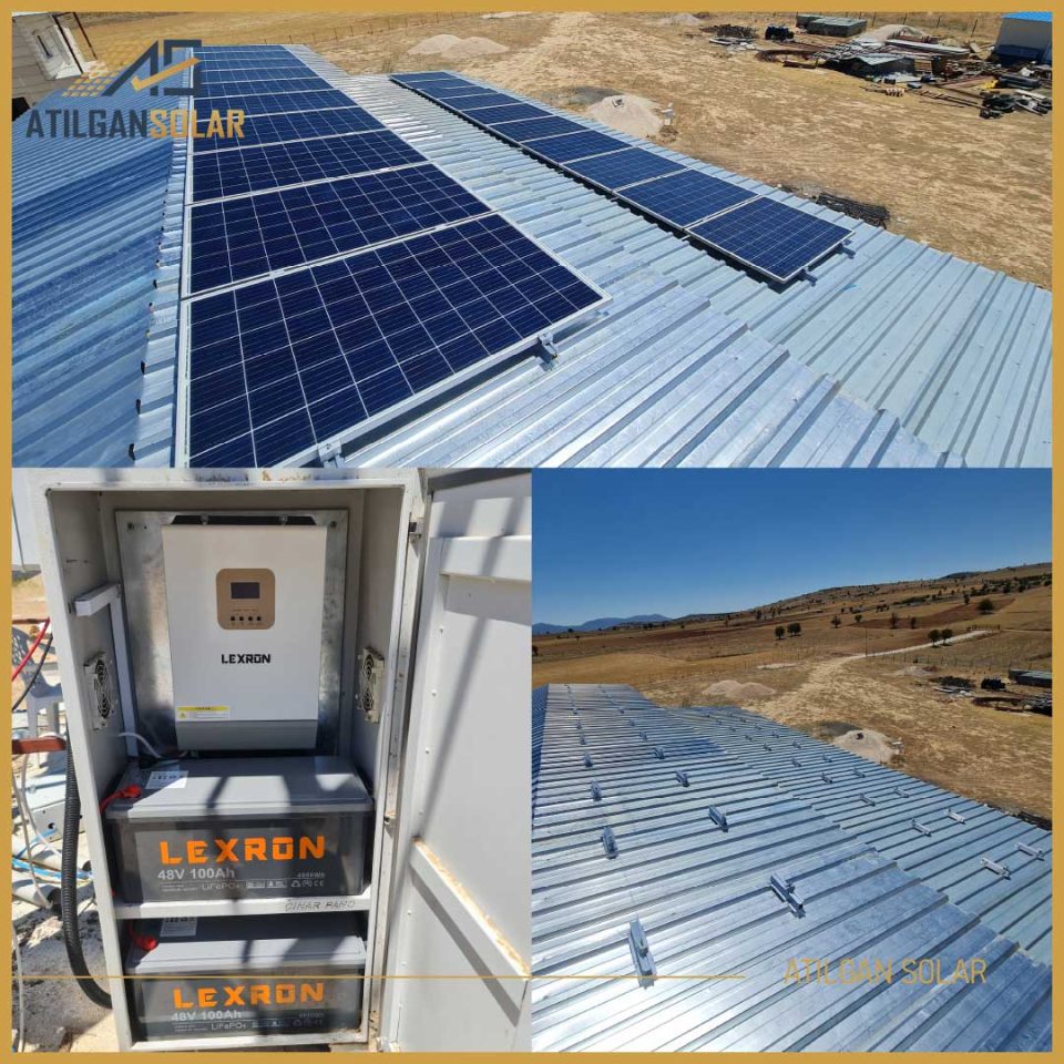 ÇATI GES Depolama: 9,6kWh lityum depolama Panel Gücü: 5.7kWp İnverter: Lexron 5.5kW mppt inverter Not: Sulama sistemi ile paneller ortak kullanılmıştır